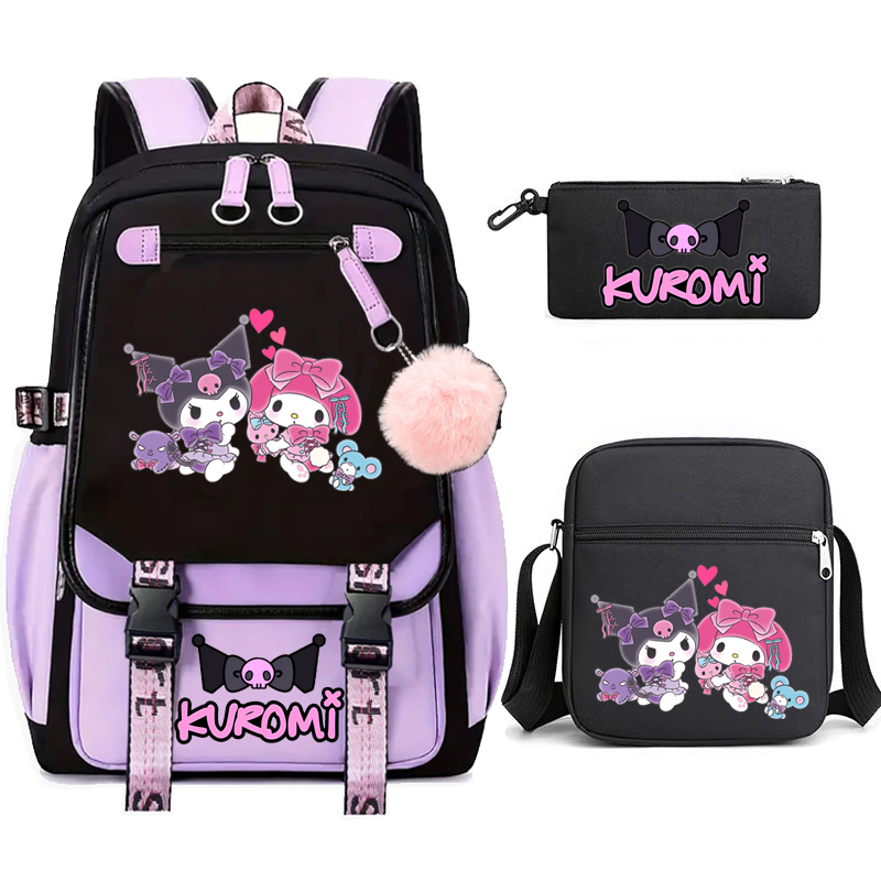 3 pièces Kuromi sac d'école femme mâle capacité étanche collège sac à dos Patchwork filles ordinateur portable sacs d'école fille voyage Mochilas