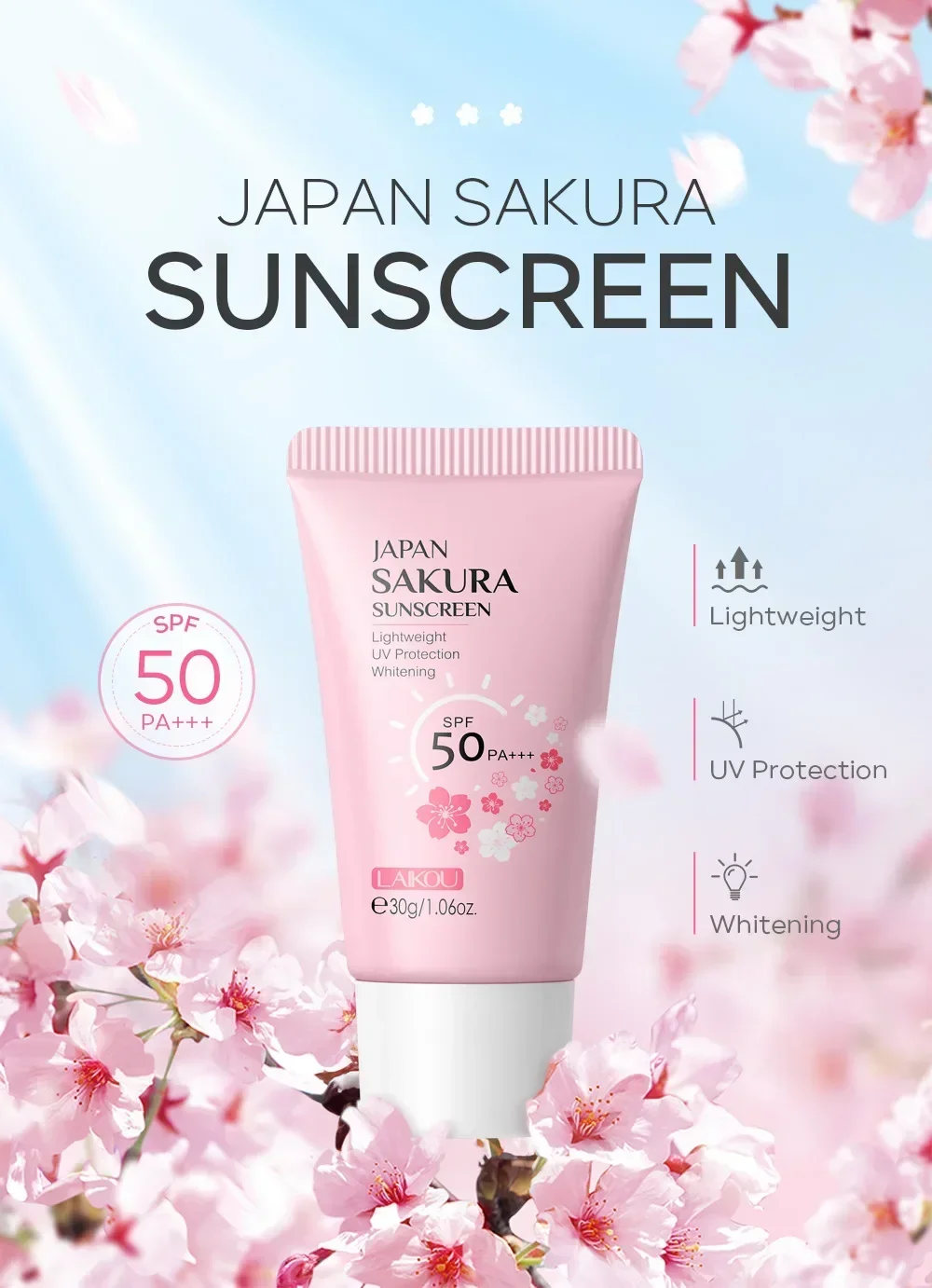 Laikou Sakura Creme Clareador Coreano Protetor Solar Facial Bloqueador de Sol Spf50 Loção de Isolamento Hidratante Branqueador 30g