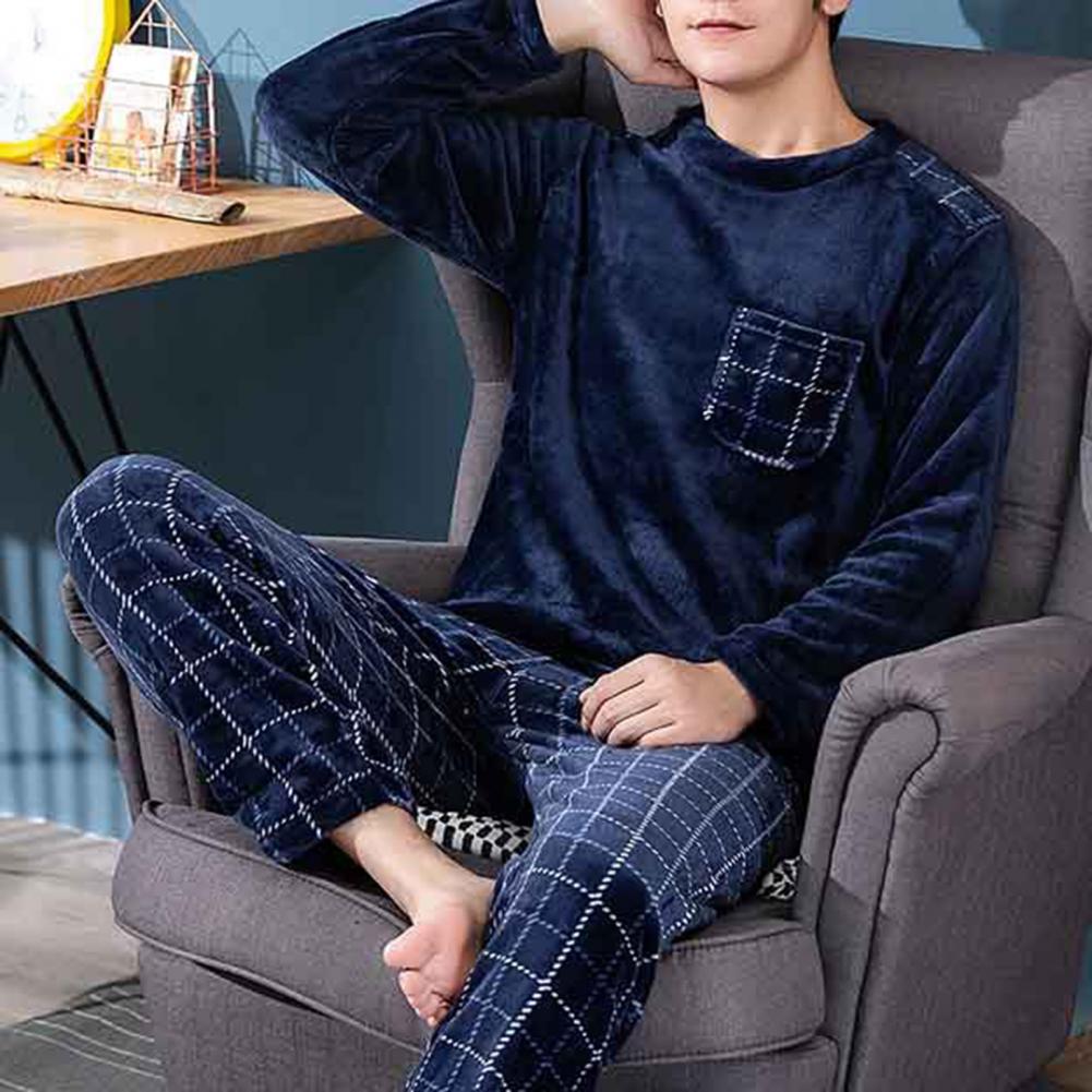Conjunto de ropa de dormir cómoda para hombre, conjunto de pijamas de invierno con cuello redondo, manga larga, cintura elástica, bolsillos suaves, ropa de casa acogedora para el frío