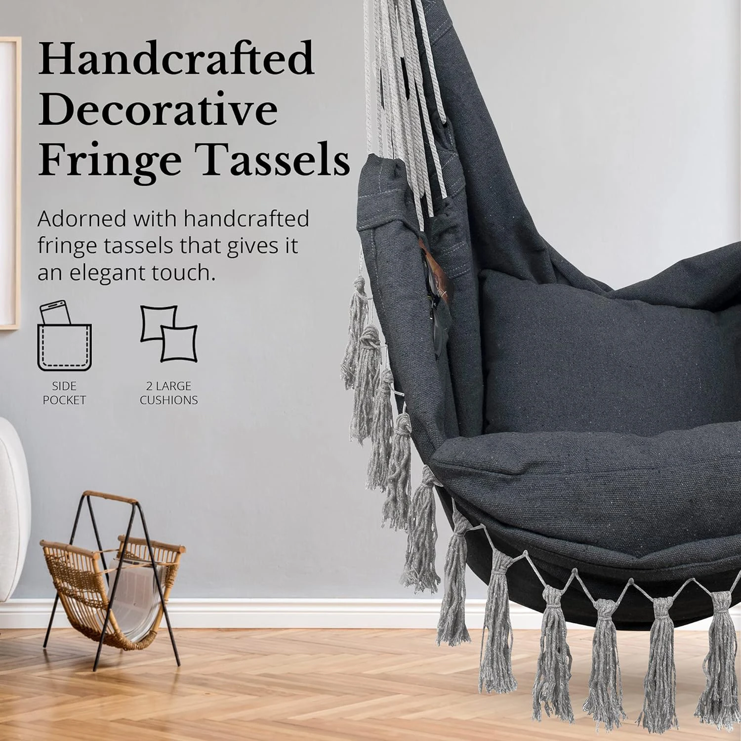 Cadeira suspensa macrame com 2 almofadas |   Balanço de corda de algodão com capacidade de 500 lb |   Bolso Design Uso interno/externo
