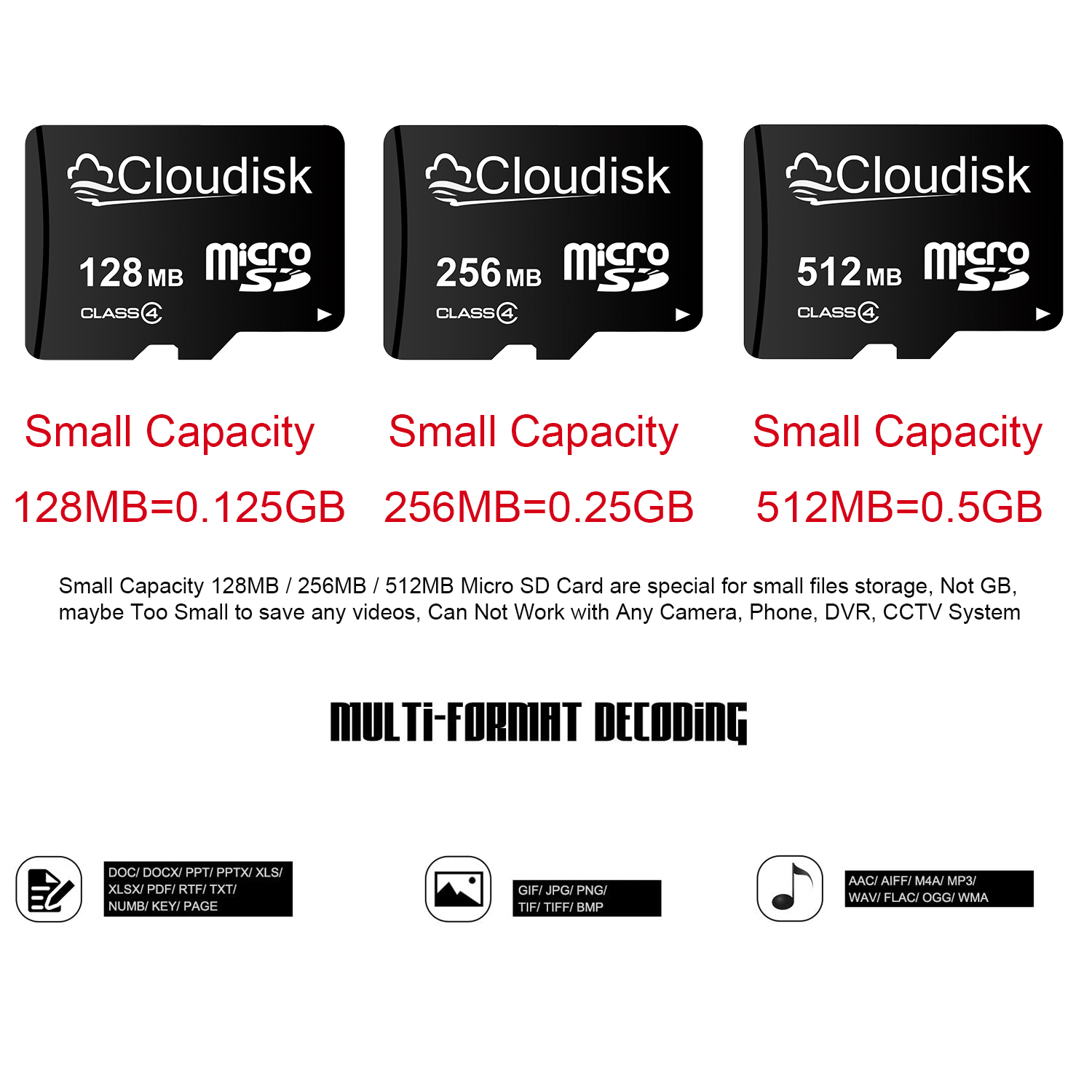 Cloudisk Small Capacity Micro SD Card 128MB 256MB 512MB (512MB=0.5GB) C4 Memory Card for MP3 Photos Small Files Only