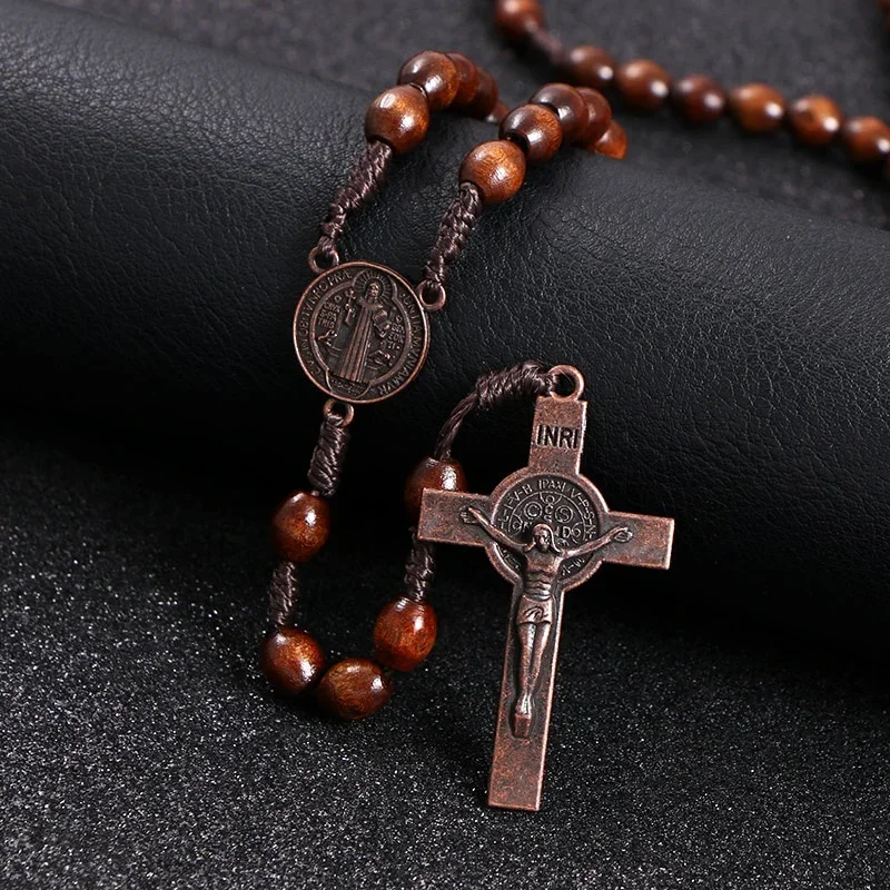 Cuentas de madera de Cristo Jesús, Rosario de 8mm, colgante cruzado para coche, collar de cadena de cuerda tejida, joyería religiosa ortodoxa para orar