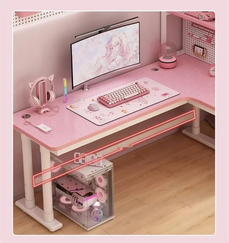 Mesa integrada do computador Desktop para meninas, mesa De Estudo De Fibra De Carbono, Pink Móveis De Escritório, Desktop Bookshelf