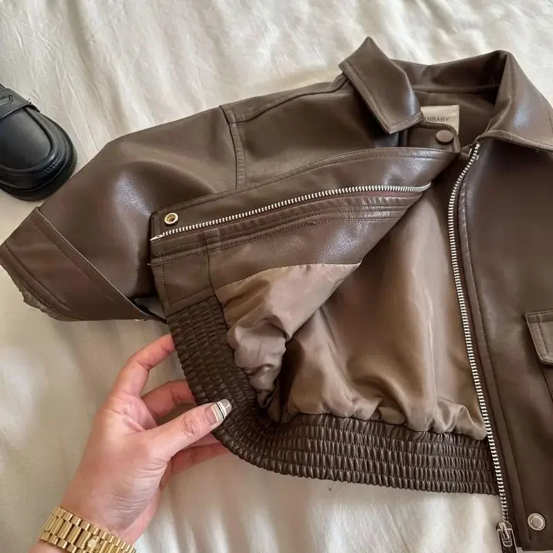 2-10Y Baby Boys Girls Zipper Jackets Brown PU Leather Lapel Collar Coats Korean Style Autumn Single Breasted Toddler Cardigans