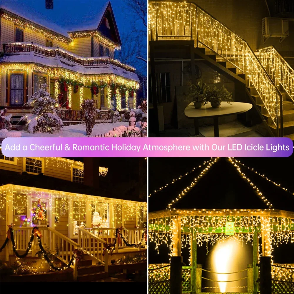 ตกแต่งคริสต์มาสสําหรับกลางแจ้ง LED Curtain Icicle String Light Street Garland บนบ้านฤดูหนาว 4-80M รอมฎอนตกแต่ง