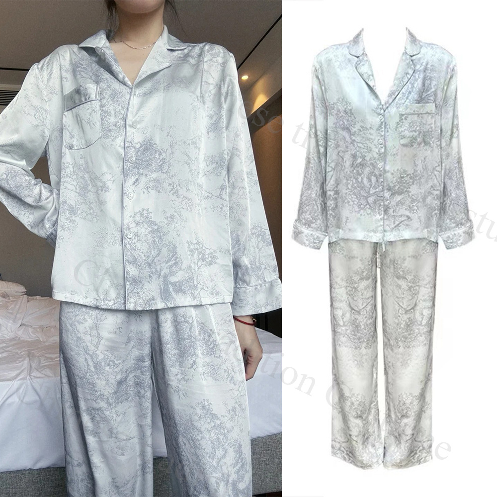 Langarm-Pyjama-Set, Eisseide, Nachtwäsche, Damen, lockere Homewear, bedrucktes Hemd und Hose, Hosenanzug, 2-teilige Pyjamas, weiche Nachtwäsche
