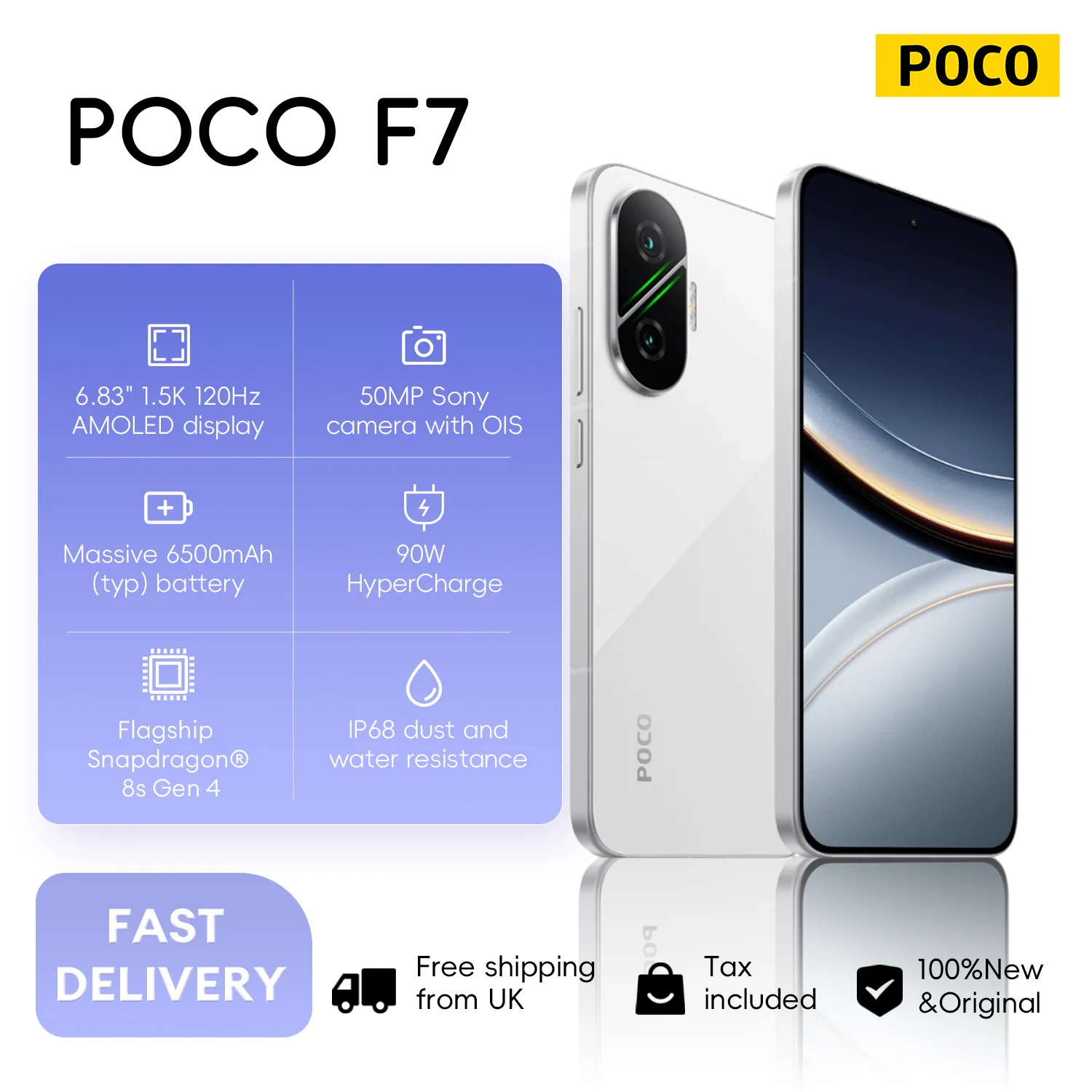 POCO F7 12+256GB Global Version 6.83" 1.5K 120Hz AMOLED Flagship Snapdragon® 8s Gen 4 50MP Sony AI Camera 6500mAh 90W NFC IP68