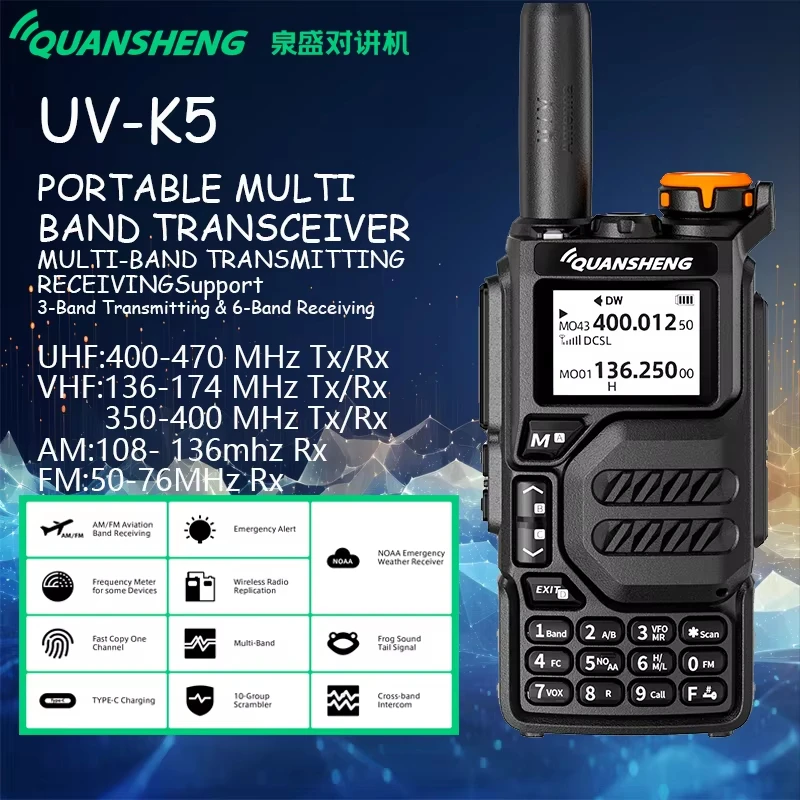 QuanSheng UV-K5 Walkie Talkie Set 5W banda cruzada 50-600Mhz UV AM FM Ham Radio Scrambler DTMF estación de conmutación inalámbrica portátil