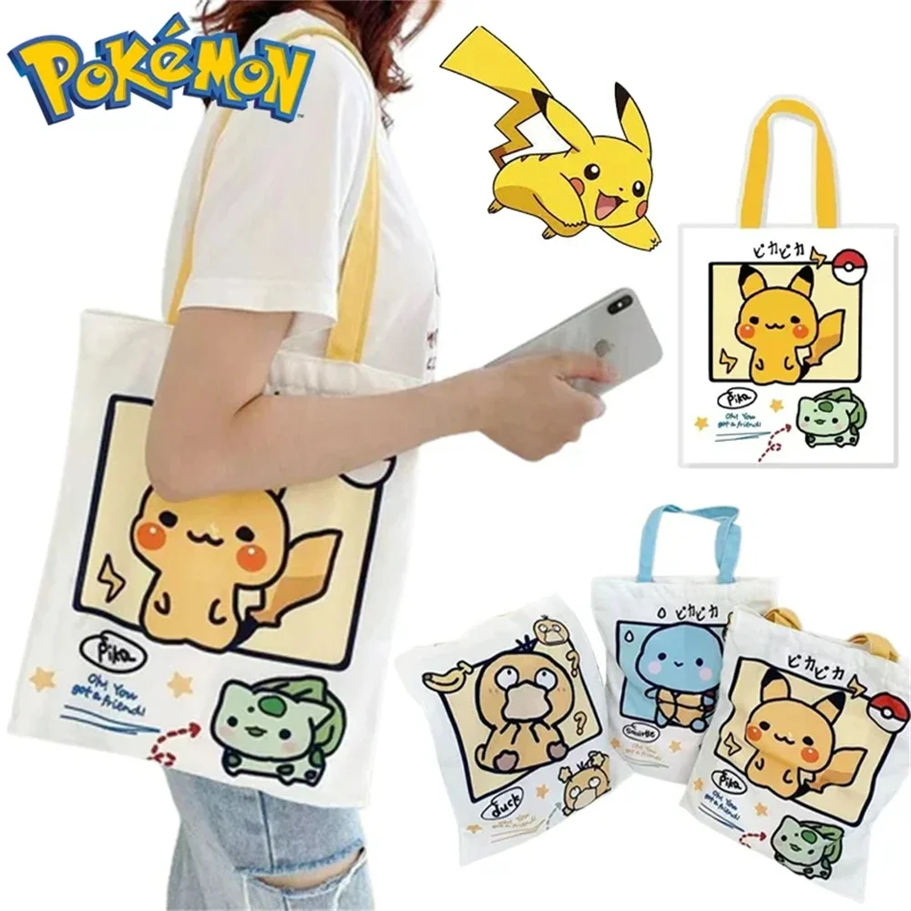 Bolsos de hombro de lona de Pokémon Pikachu de Anime, bolso informal para mujer de Psyduck Squirtle, bolso de compras reutilizable de gran capacidad para mujer
