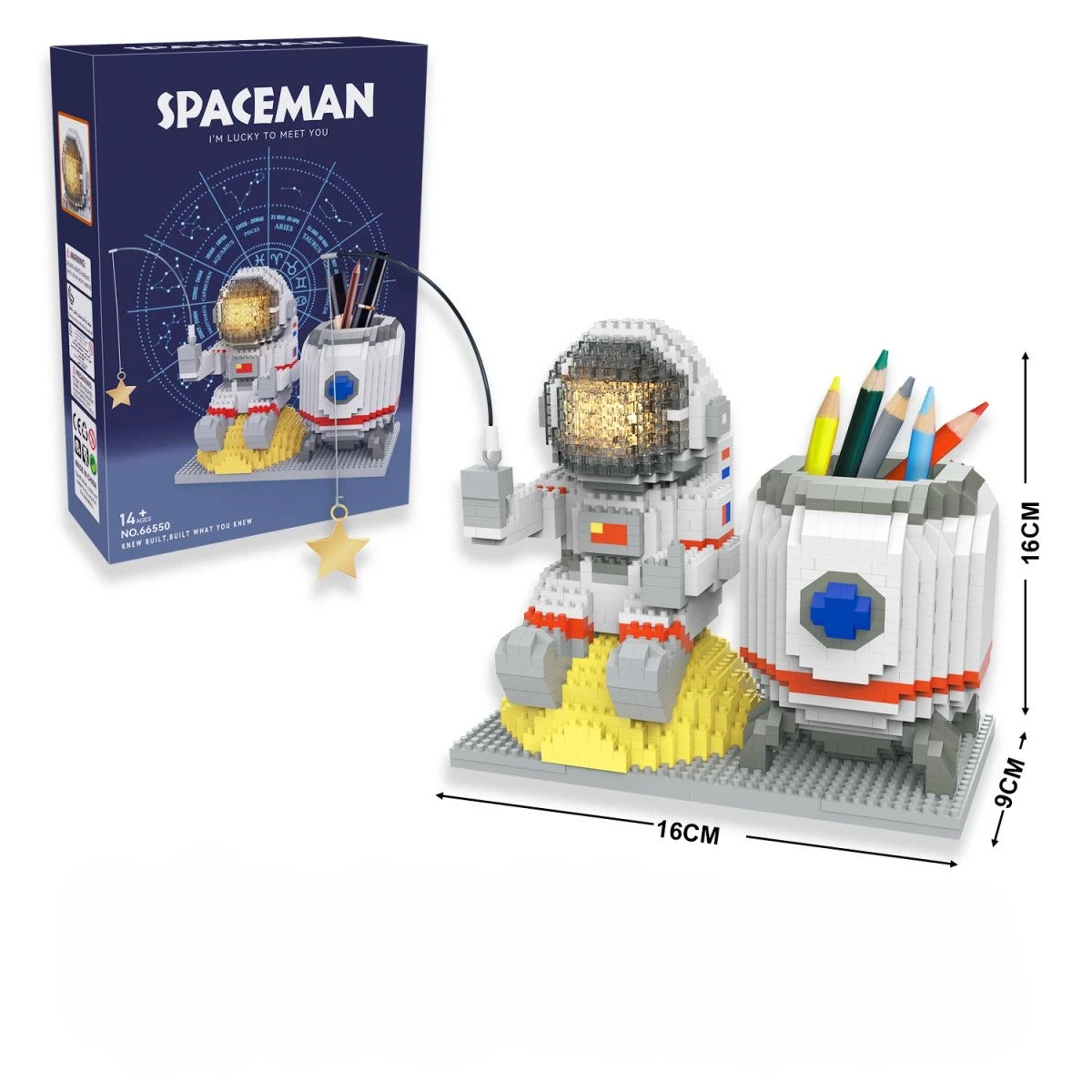 Knew Built Luminous นักบินอวกาศ Moon Micro อิฐบล็อกอาคารชุดของเล่นเพื่อการศึกษา LED Light Technology อิฐสําหรับผู้ใหญ่