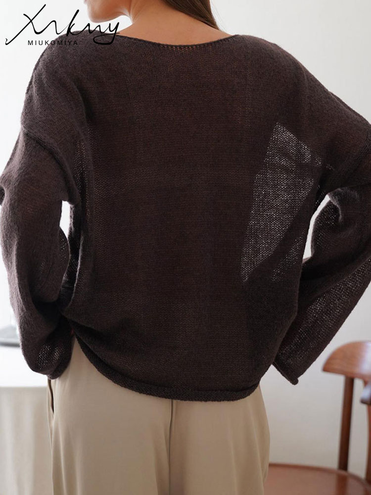 赤 Tシャツオーバーサイズ薄型ニットプルオーバー女性の夏のトランペット長袖 Tシャツ女性のためのルーズトップ Tシャツ透明セーター