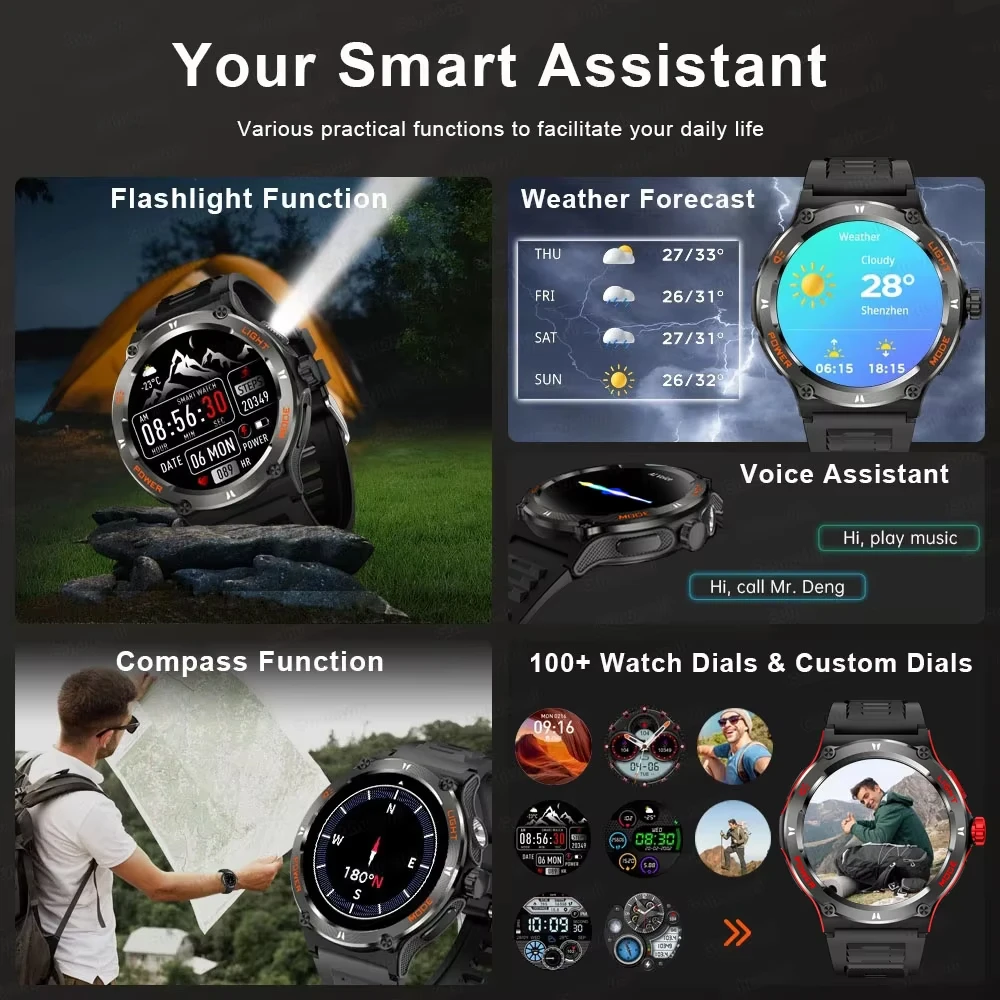 男性用の頑丈なミリタリースマートウォッチ,GPS,Bluetooth通話,500mAh, 3気圧,防水,屋外,Huawei, Xiaomi,2022