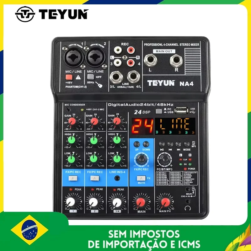 Teyun na4 mini mixer de áudio de 4 canais, placa de som dj, 16 efeitos digitais, console de redução de ruído, gravação usb para transmissão de canto