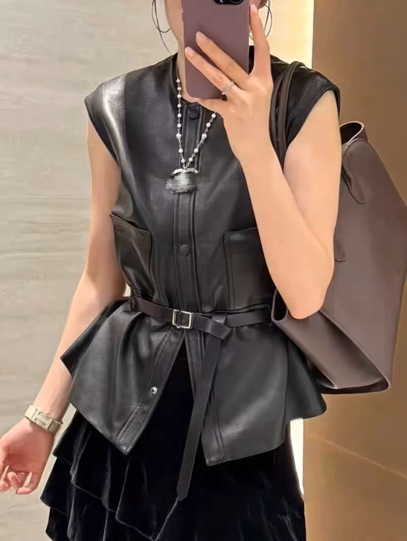 Mode Schlanke Tasche Gürtel Weste Frauen Femme 100% Leder Schwarz Burgund Weste Mujer Pullover Manteau Ärmellose Jacke