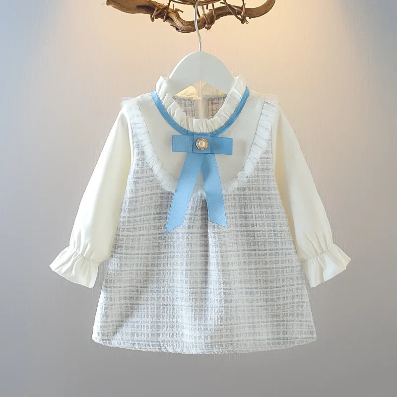 Mädchen Langarm Rock niedlich lose Kleid Oberbekleidung Frühling neue koreanische Stil Kleidung Kinder lässig Mode Rundhals Schleife Rock