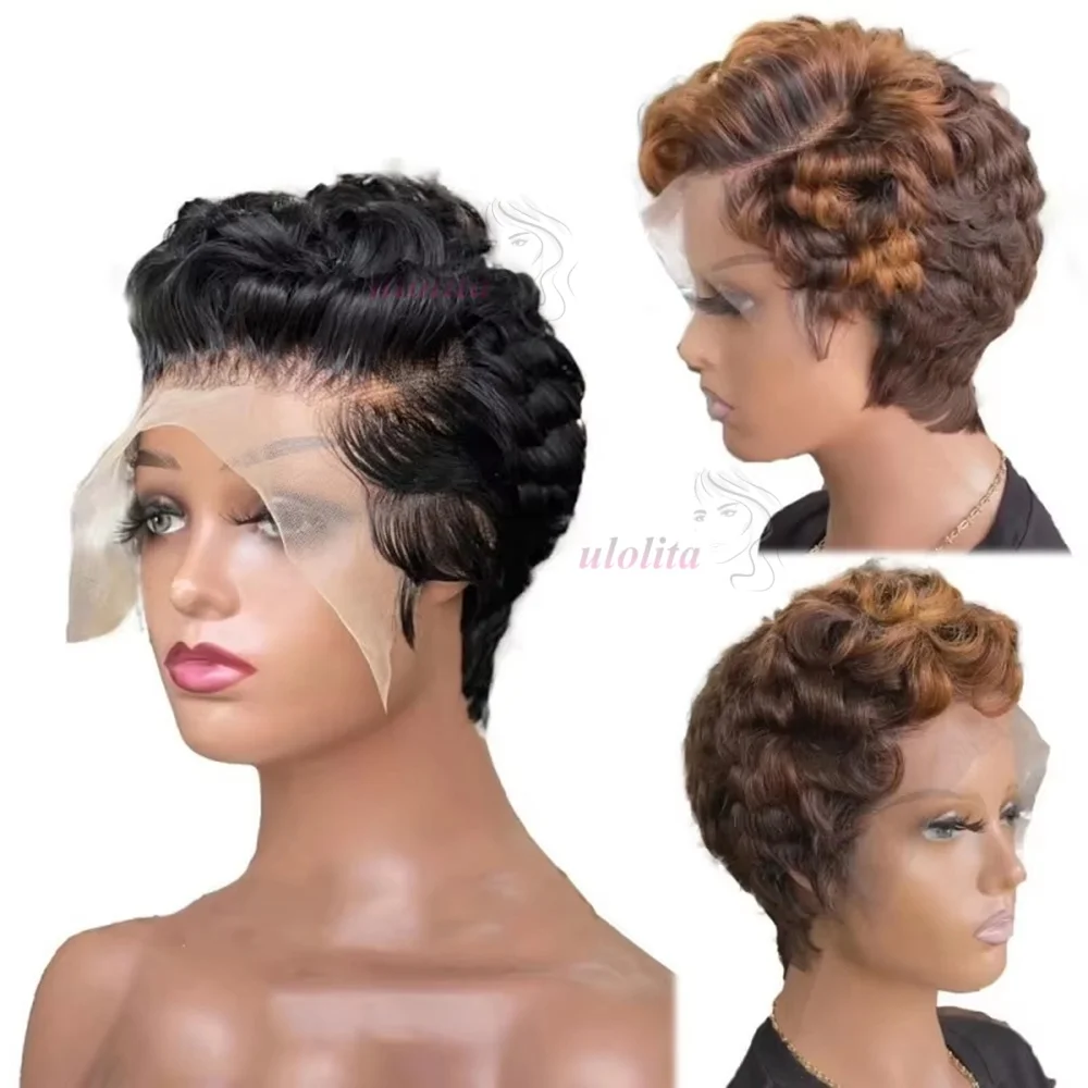 Hoogtepunt Gekleurde Korte Pixie Cut Bob Body Wave Menselijk Haar Pruiken Transparante 13x4 Lace Front Pruiken Voor zwarte Vrouw Braziliaanse Pruik
