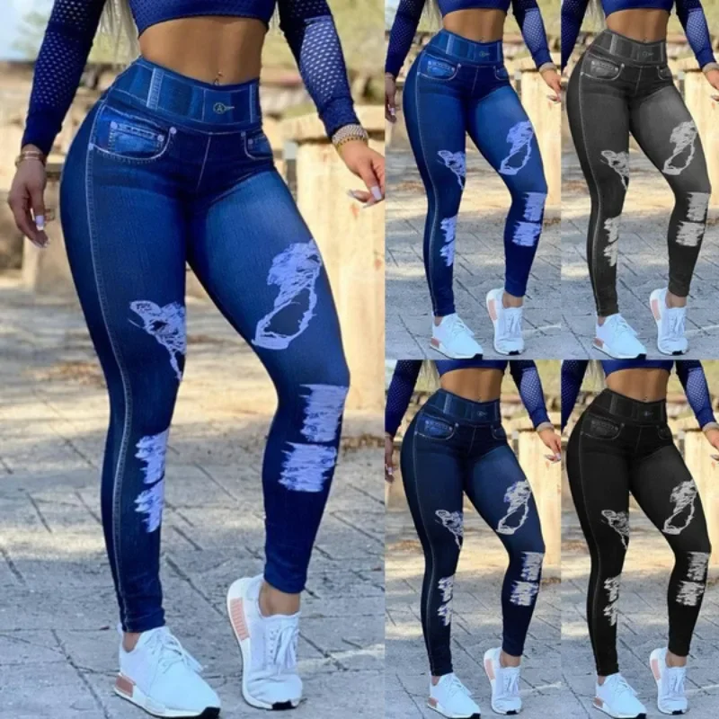 Otoño Invierno mujer cintura alta alta elástica imitación Denim Leggings Color sólido Fitness deportes Yoga pantalones