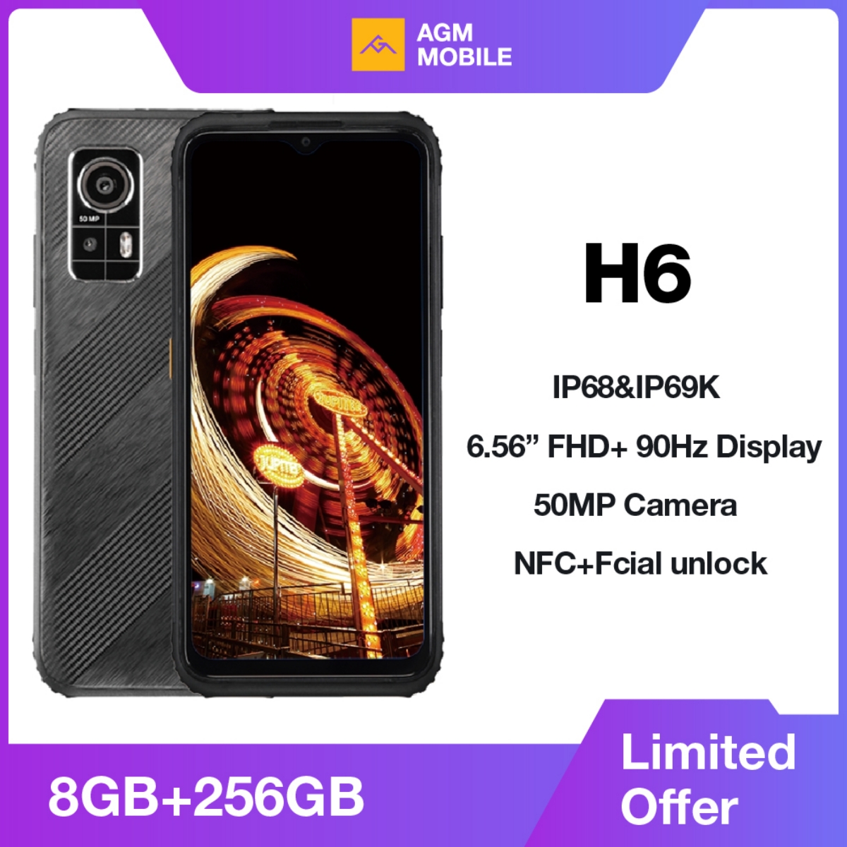 AGM H6 Smartphone resistente Cámara de 50 MP, 8 GB + 256 GB, 90 Hz 6,56' FHD + Pantalla Resistente al agua/a prueba de polvo/a prueba de golpes - Batería de resistencia