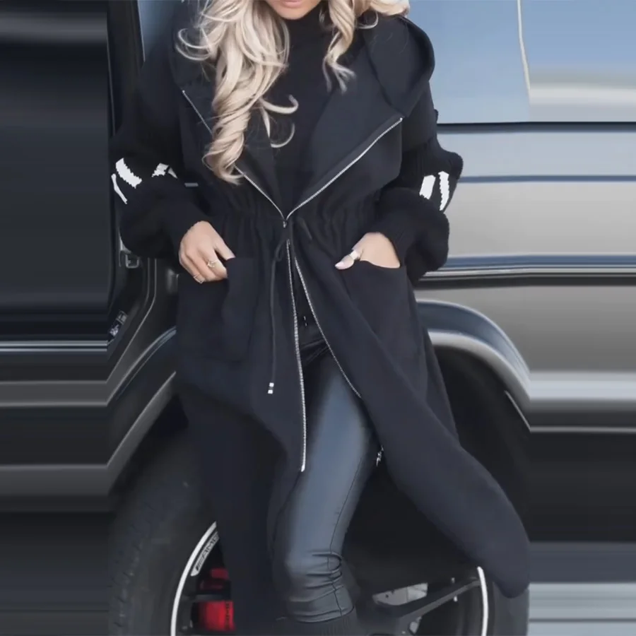 Abrigos largos informales de retazos para mujer, sudaderas con capucha informales con cordones y bolsillos, chaquetas para mujer, gabardina nueva para otoño e invierno