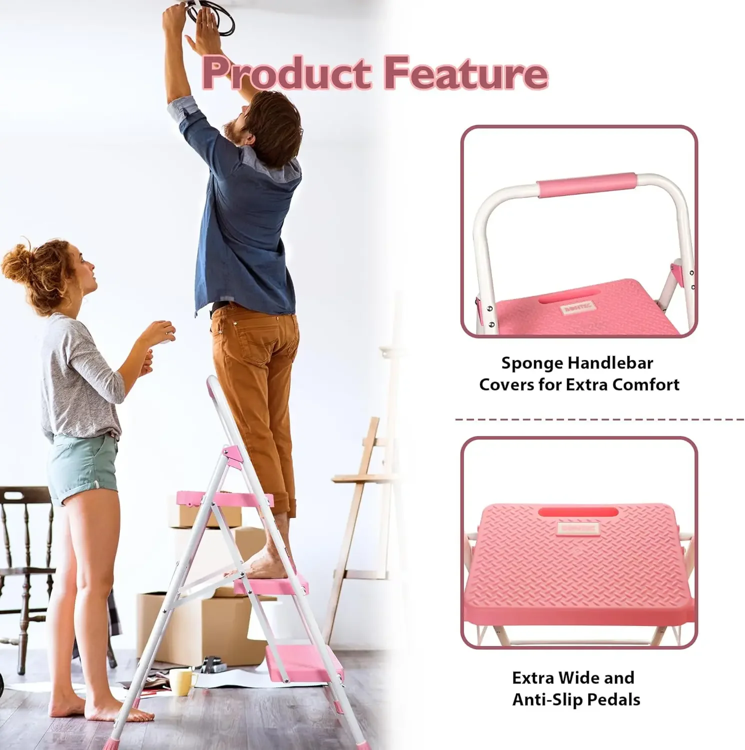 （Free shipping）   Ladder with Non-Slip and Wide Pedal, Small Ladder with Handle, Sturdy Steel Ladder, Lightweight and Porta