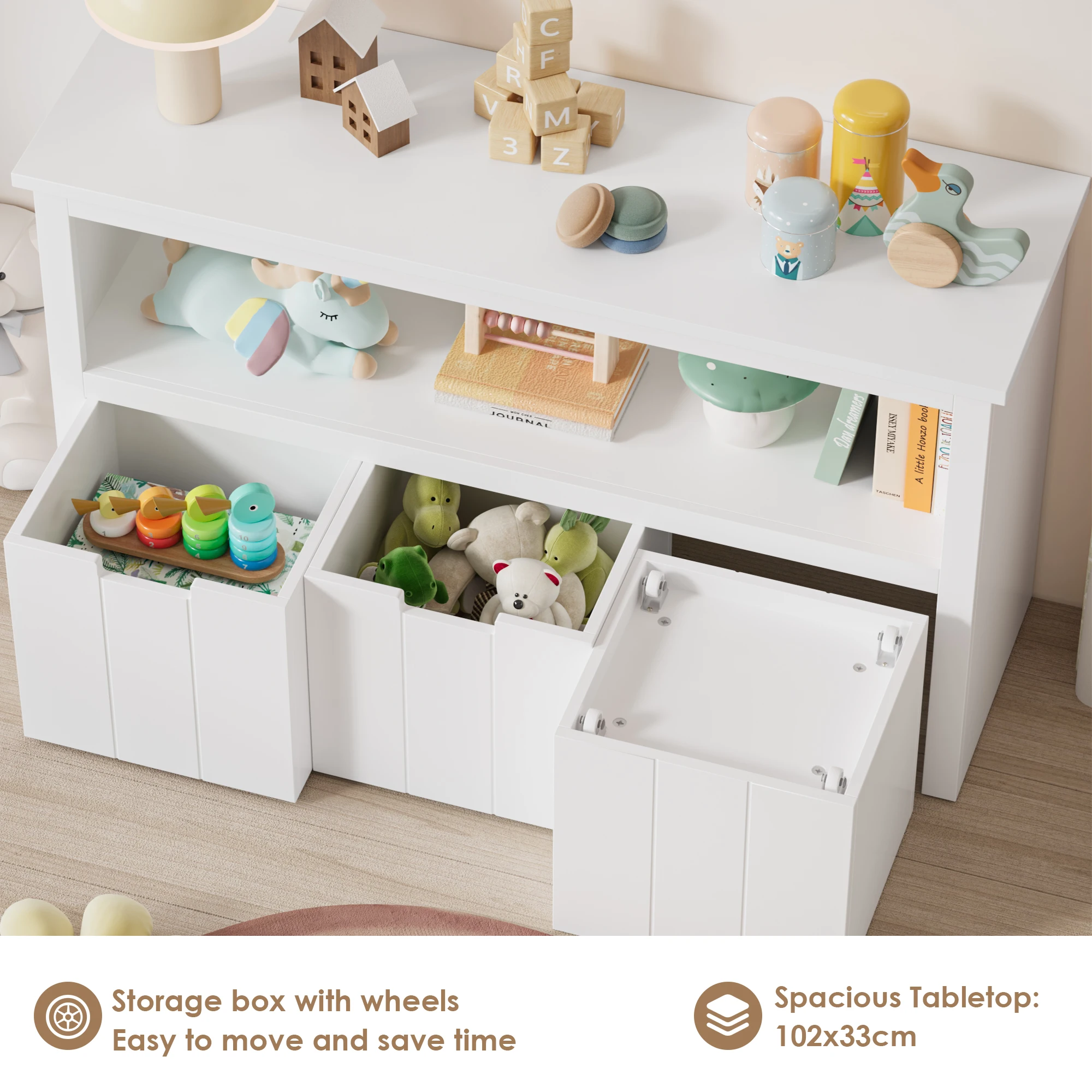 Getone Toy Storage Unit, libreria per bambini, 3 cassetti con ruote, armadietto per giocattoli, bianco 102x33x61,5cm