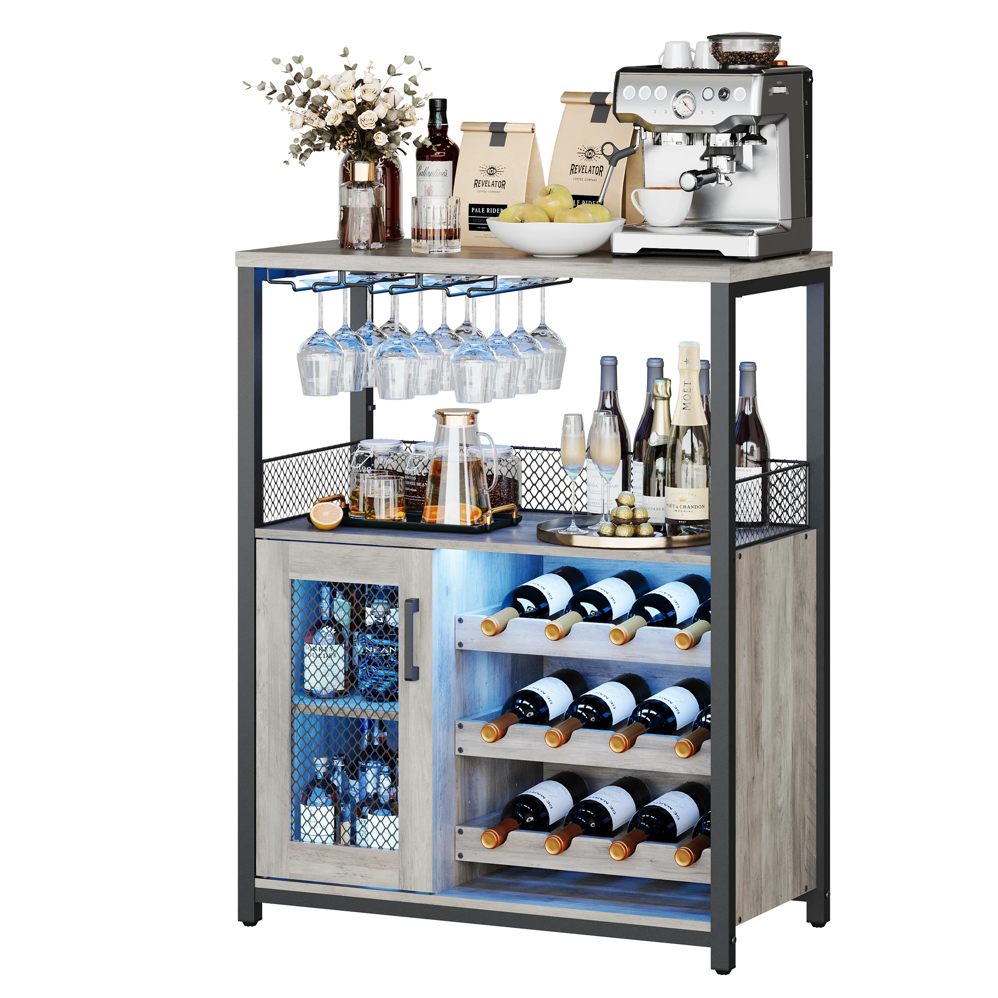 Wine Bar Cabinet with LED Lights Removable Wine Storage Cabinet with Extra Storage Industrial Sideboard and Buffet