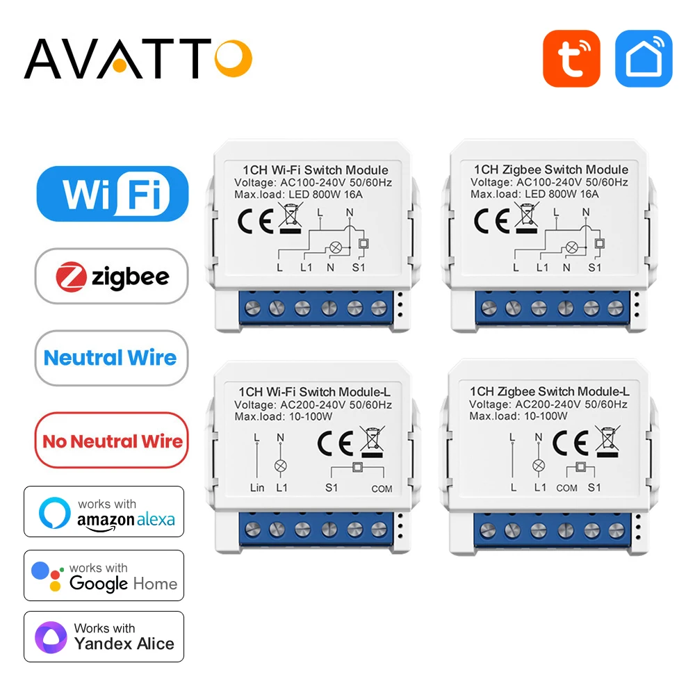 AVATTO Tuya WiFi/Zigbee Fio Neutro/Sem Fio Neutro 1/2/3/4 Vias Módulo Interruptor de Luz Inteligente Disjuntor Suporte Alexa, Google Home