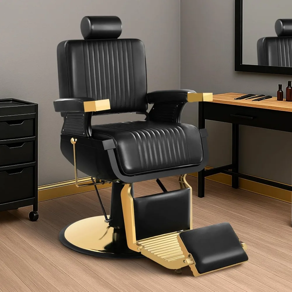 Black Gold Barber Salon Chair, Reclining Hair Salon Hairdresser Chair with Removable Headrest, 360 Swivel Shampoo Beauty Spa Sty
