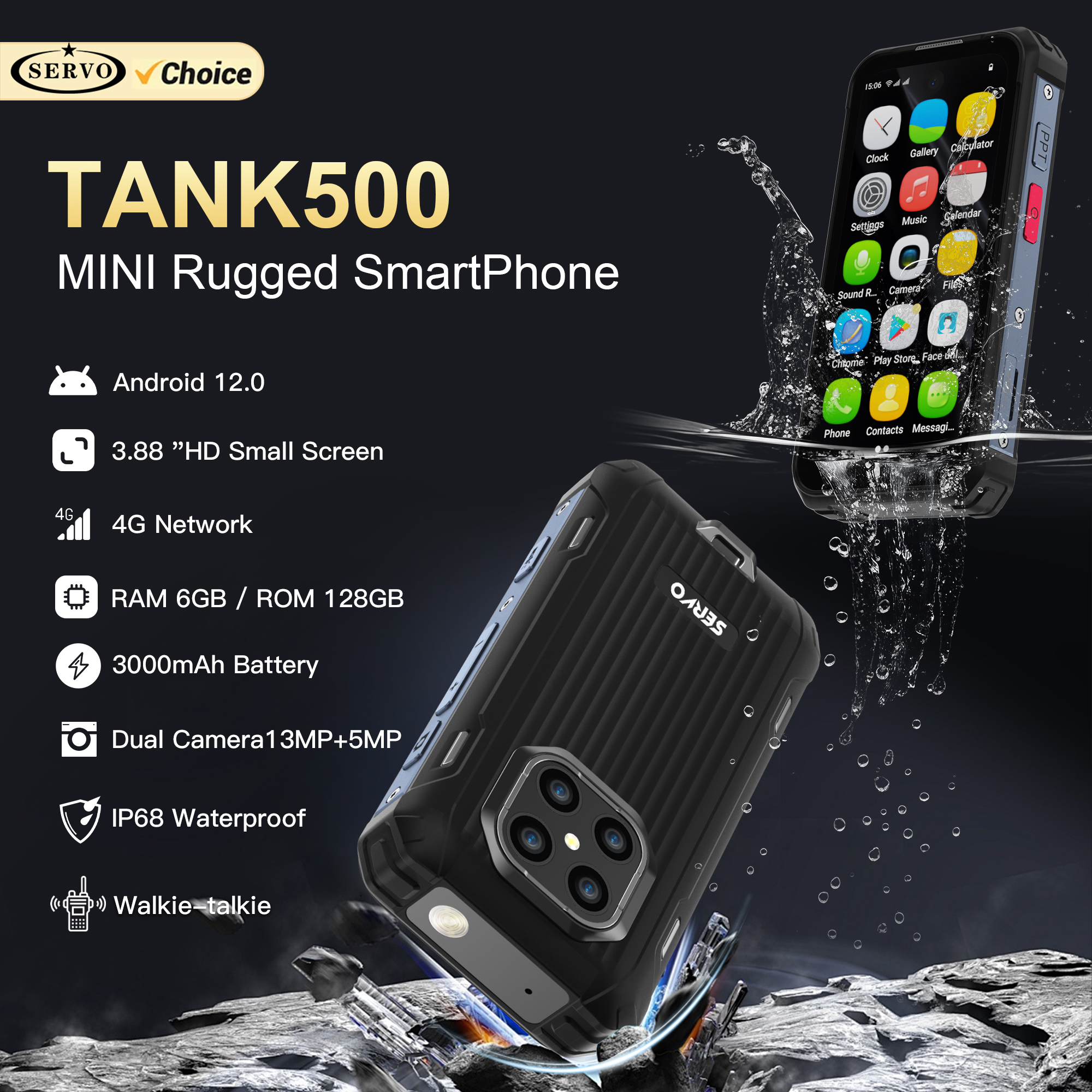 SERVO TANK500 IP68 impermeable Mini teléfono inteligente 4G LTE Android 12 RAM 6GB ROM 128GB PTT red intercomunicador pequeños teléfonos inteligentes resistentes