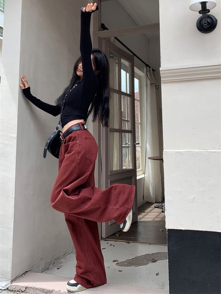 Breite Bein Jeans Frauen Lose Bodenlangen Rot Vintage Alle-spiel Chic Herbst Winter Reich Täglichen Streetwear Weibliche Mode ins Neue