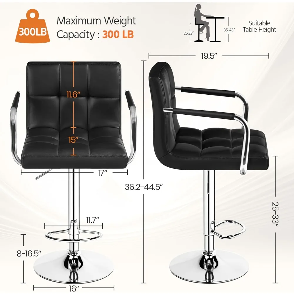 Bar Stools Set of 2, PU Leather Adjustable Swivel Barstools, Hydraulic Kitchen Counter Height Bar Chairs w/Armrest and Back