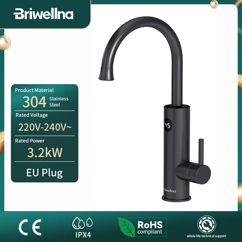 Briwellna Durchlauferhitzer-Wasserhahn, 220 V, elektrischer Wasserheizhahn, 360 Grad drehbarer Auslauf, Durchlauferhitzer fließend