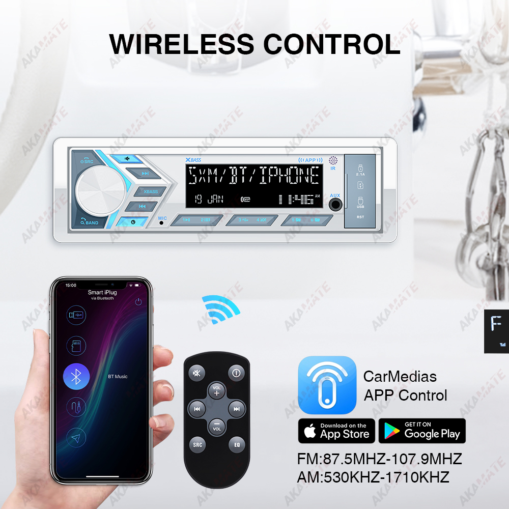 AKAMATE 1Din Radio de bateau pour RV ATV UTV SPA RZR lecteur stéréo multimédia marin Bluetooth AUX USB avec télécommande Radio FM AM