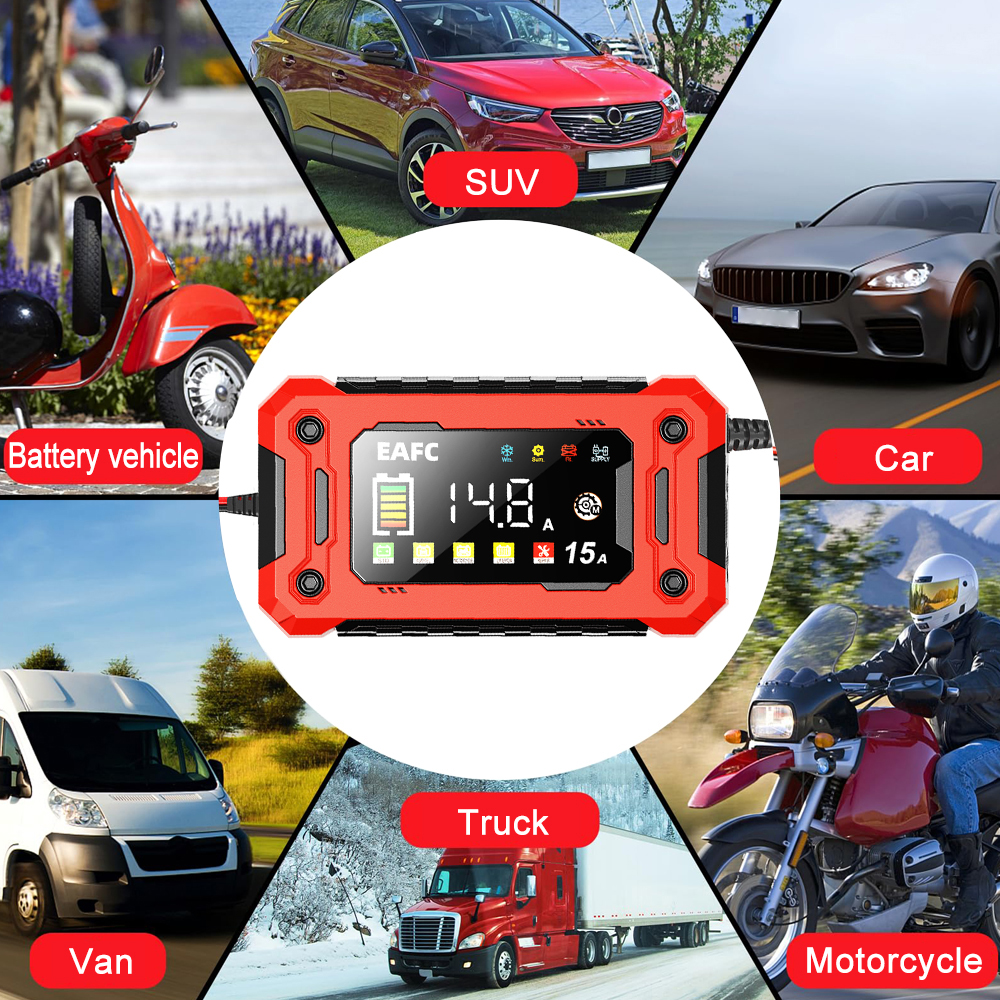 Nieuwste 12V Auto Acculader 15A/8A Puls Reparatie Grote Display Slimme Oplader voor Auto Motor Lood-zuur AGM GEL Batterijen