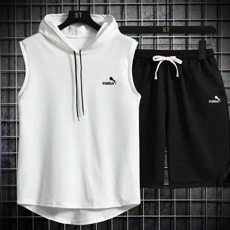 แบรนด์ฤดูร้อนผู้ชาย 2 ชิ้นชุด CasualT-เสื้อและกางเกงขาสั้นชุดบุรุษชุดกีฬาแฟชั่นแขนสั้น Hooded เสื้อยืด
