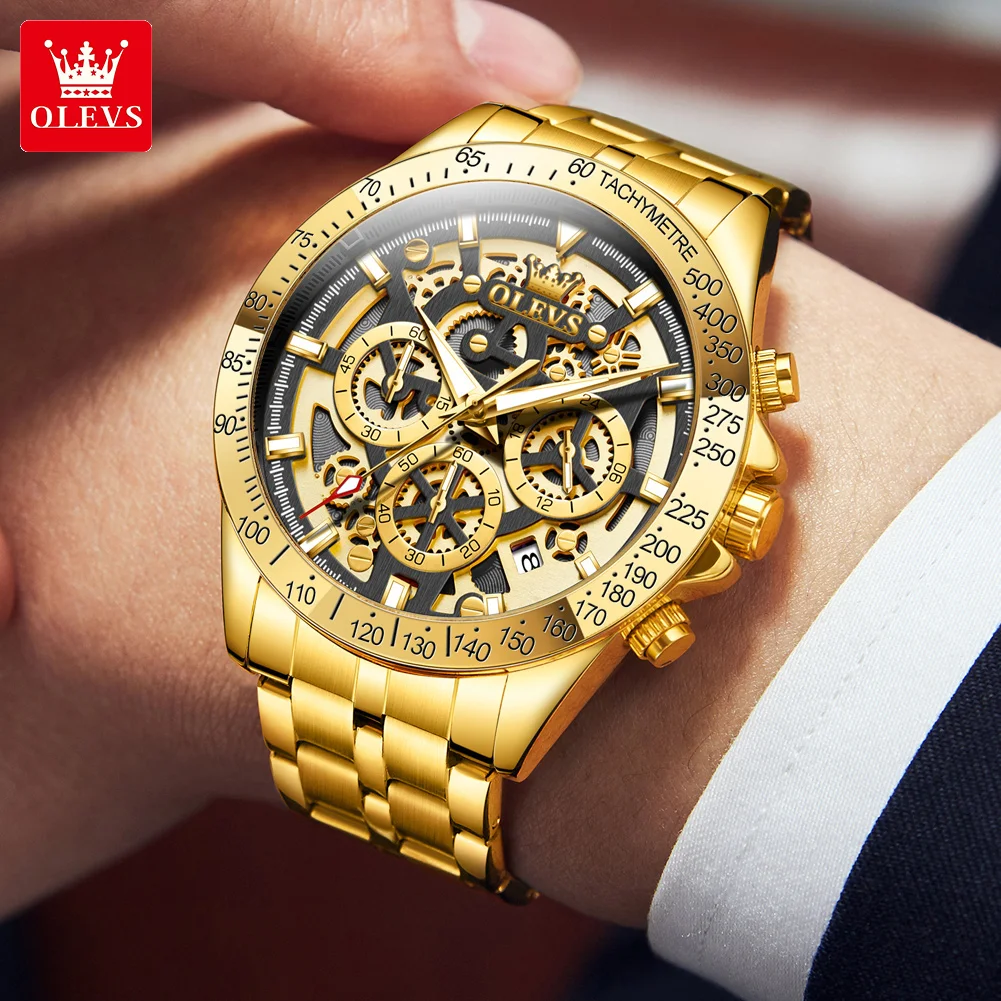 OLEVS Lxuxry marca relojes dorados para hombre reloj de pulsera cronógrafo de acero inoxidable con esqueleto completo reloj de cuarzo luminoso resistente al agua para hombre