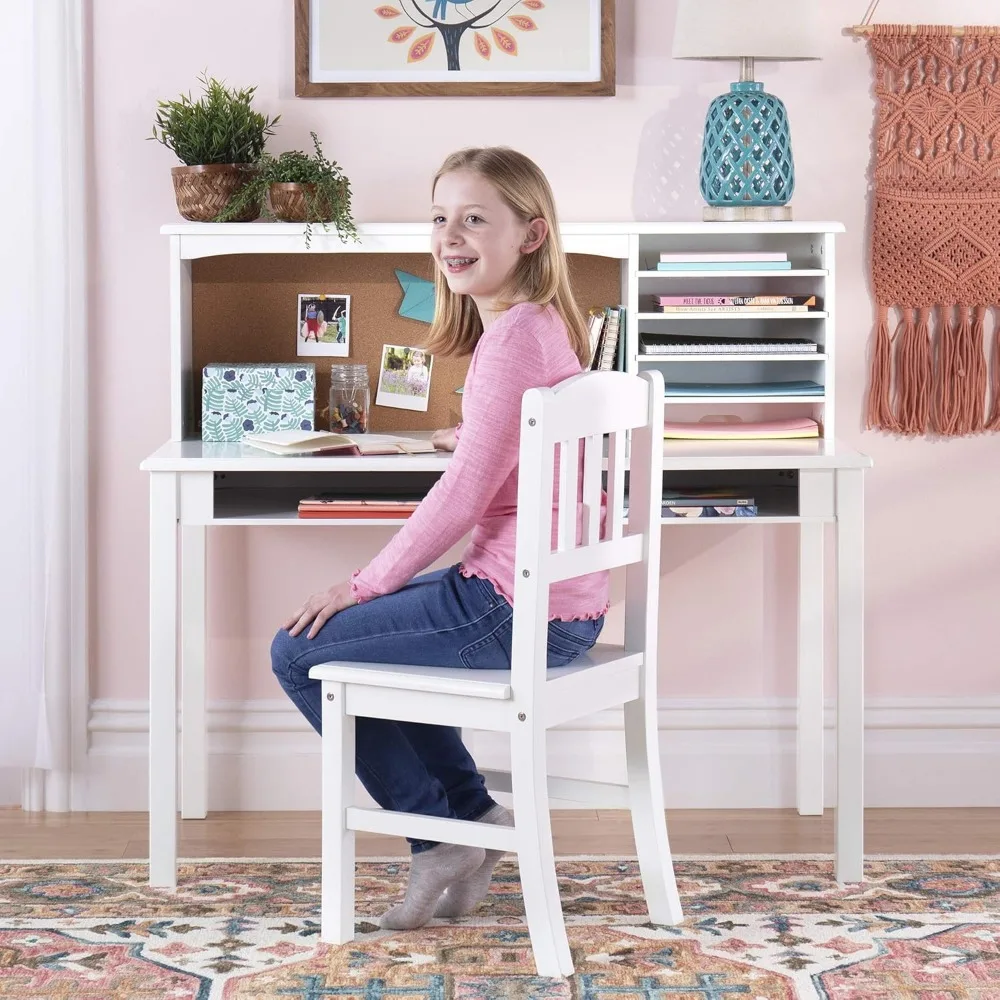 Kids Media Desk and Chair Set - White: Kids Writing Desk with Hutch and Storage Shelves, Computer Workstation with Corkboard