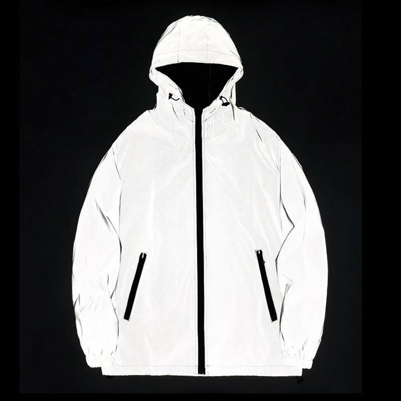 Chaquetas reflectantes de noche de NUEVA TAMAÑO, cortavientos de doble tela, chaqueta con capucha para hombres, abrigos impermeables con cremallera para bailarina de Hip Hop, prendas de vestir