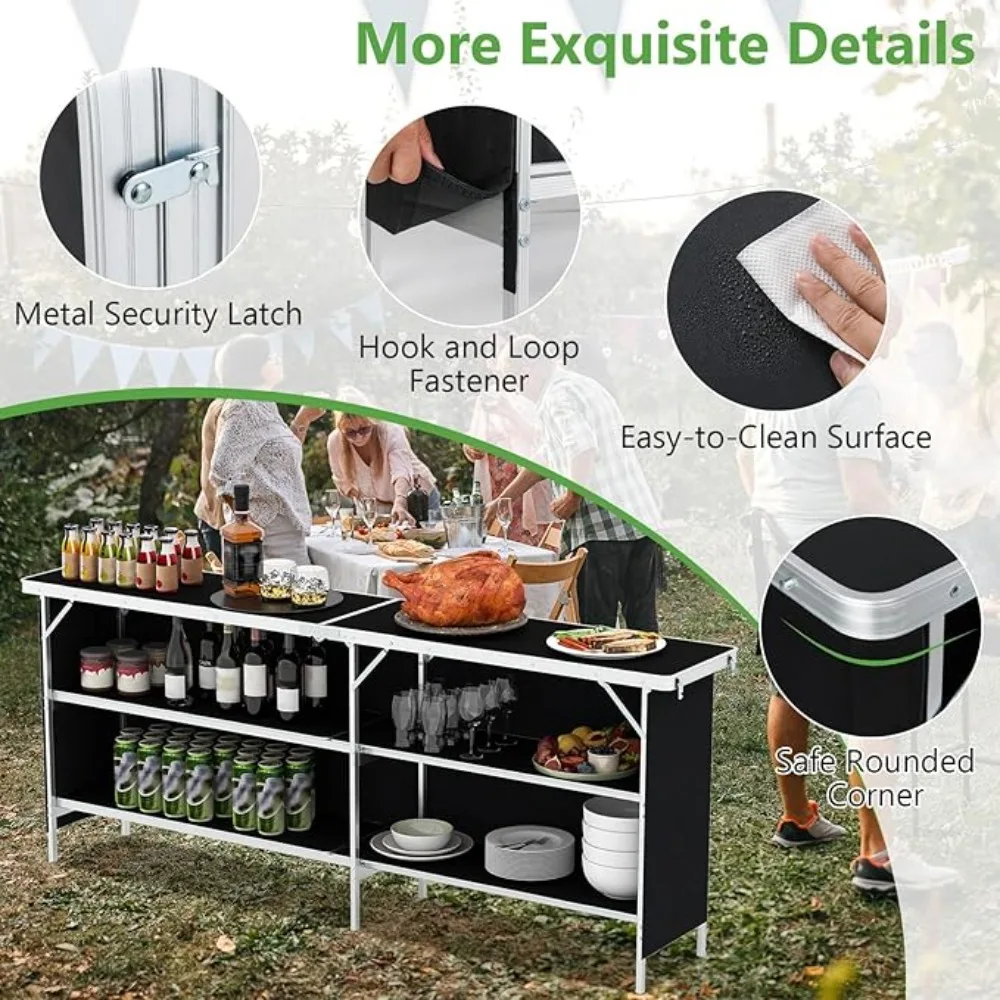 81 inch ultra long portable bar table with double-layer storage rack and foldable mobile cocktail table with detachable skirt