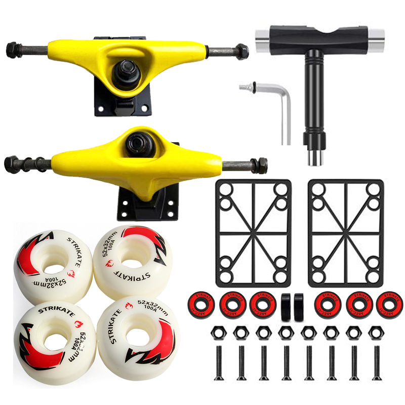 STRIKATE Caminhão de skate impresso de 5 polegadas com rodas PU STRIKATE de 52 mm Rolamento de skate Pro 3 mm riserpad 29 mm Kit de hardware