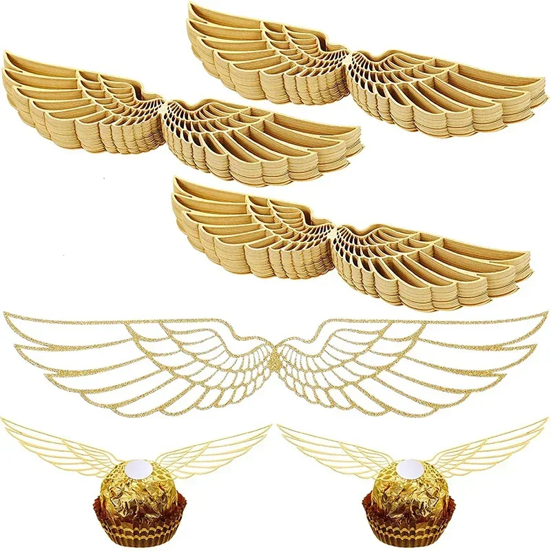 50/200 Uds. Alas de francotiro doradas, decoración de Chocolate para fiesta de mago, alas huecas, suministros para magdalenas, herramientas de decoración para hornear