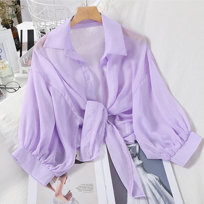 Damska letnia szyfonowa koszula z półrękawkiem Casual Loose Button Hollow White Clothes Elegancka bluzka w jednolitym kolorze z wiązaną talią 9776