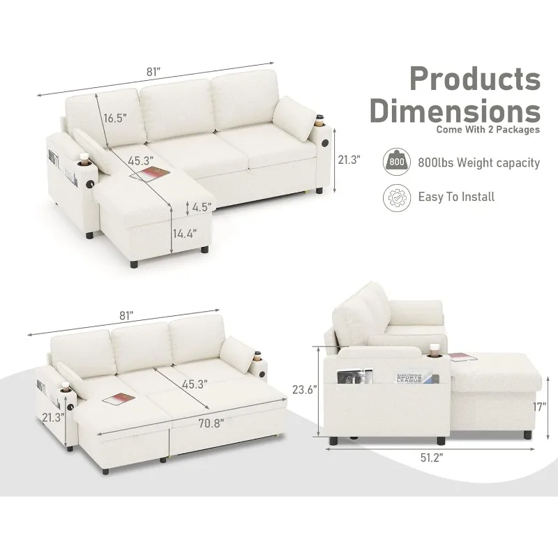 DURASPACE Sofa Bed Sleeper Pull Out 2 in 1 Sectional Sleeper Sofa Couches with Storage,USB, Cup Holder,Pullout Sectional Couches