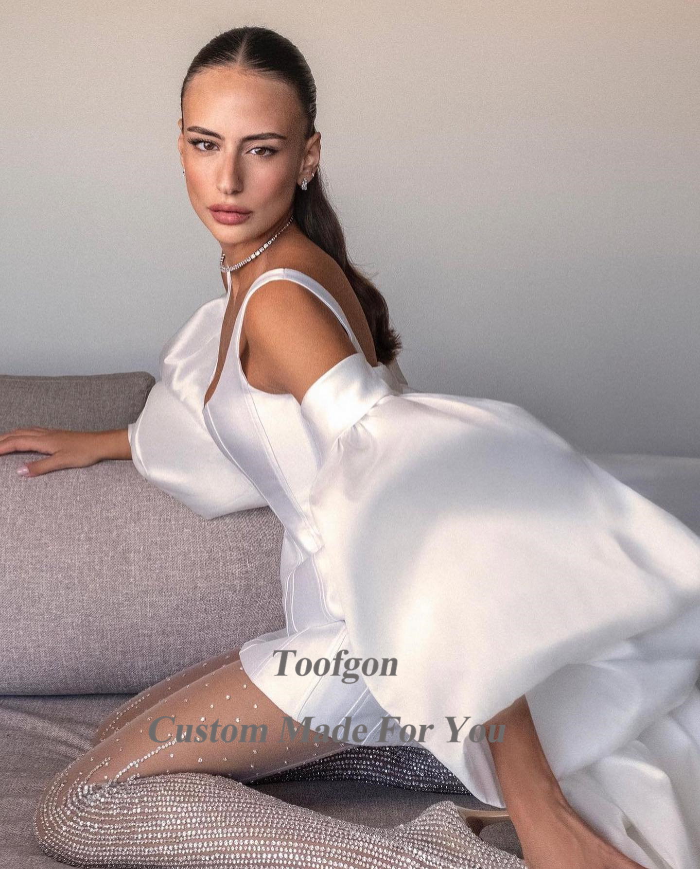 Toofgon 2 Pieces Satin Mini Bride Dress For Wedding Long Sleeves Wrap Formal Bridal Gowns Scoop Wedding Dressesmariée Customized