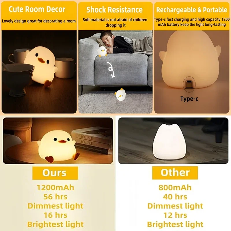 Luz nocturna ED, lámpara de silicona con animales de dibujos animados de pato bonito para niños, Sensor táctil, temporizador, recargable por USB para regalos de cumpleaños