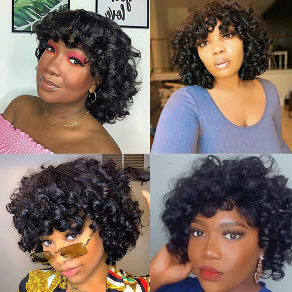 Afro Rose bouclés Funmi perruques avec Bang court rebondissant bouclés Bob perruque avec frange fait à la Machine Rose Curl perruque de cheveux humains pour les femmes noires