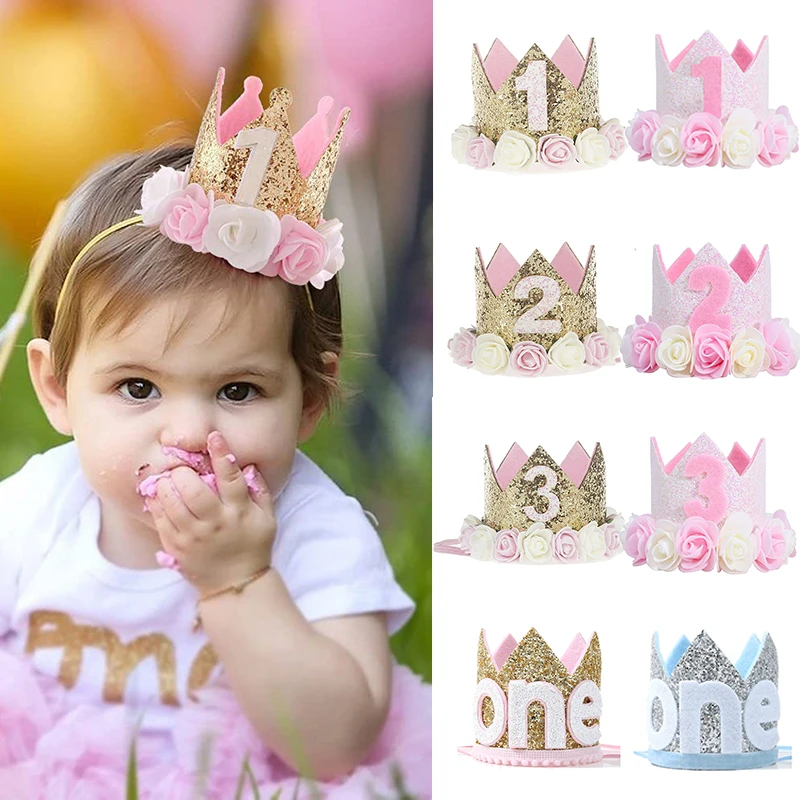 Sombrero de decoración para fiesta de 1er cumpleaños para niños de 1, 2 y 3 años, feliz cumpleaños, niño y niña, decoración para fiesta de bienvenida al bebé, sombrero de corona rosa para niños