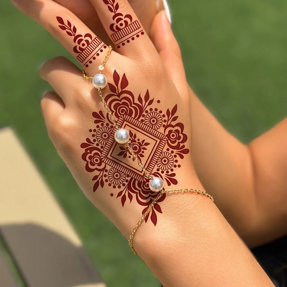 Pegatinas de tatuaje de Henna impermeables para mujer, tatuaje falso instantáneo de flores para tatuajes temporales de mano para fiesta de boda y Festival