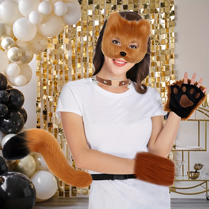 5 uds gran oferta guantes de patas de gato con cola de zorro de piel esponjosa conjunto de máscara de lobo accesorios de disfraz de Halloween accesorios de vestir para fiesta temática