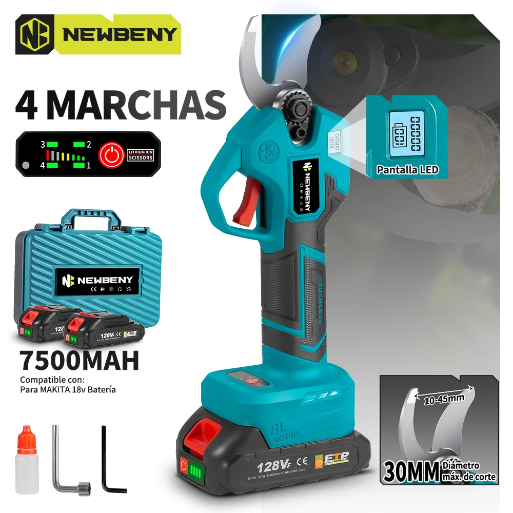 NEWBENY podadora eléctrica sin escobillas de 30mm, tijeras eléctricas para bonsái de jardín inalámbricas de 4 engranajes, herramientas eléctricas para batería Makita de 18V